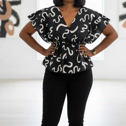 African Print Layered Ruffle Blouse – Black/White Print