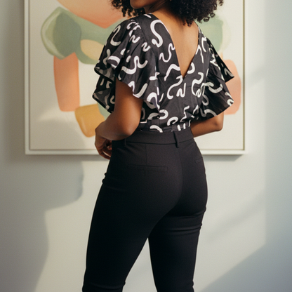 African Print Layered Ruffle Blouse – Black/White Print