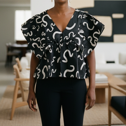 African Print Layered Ruffle Blouse – Black/White Print