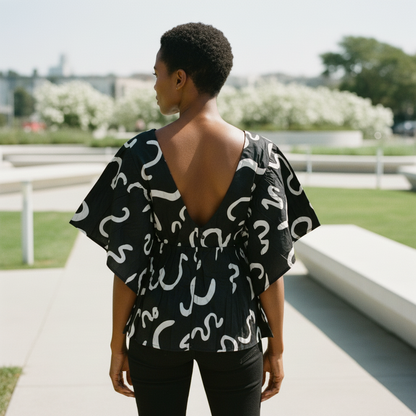 African Print Layered Ruffle Blouse – Black/White Print