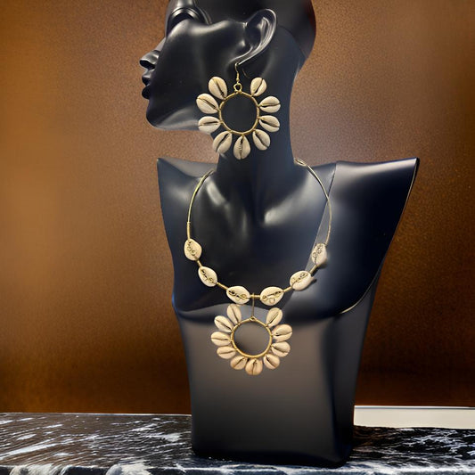 Handcrafted Hoop Cowrie Shell Choker Necklace and Earring Set