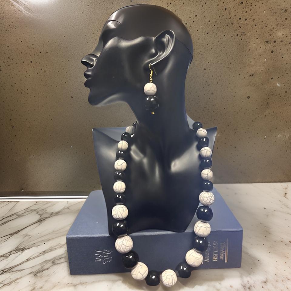 Beaded Round Marble Necklace, Bracelet and Earring Set