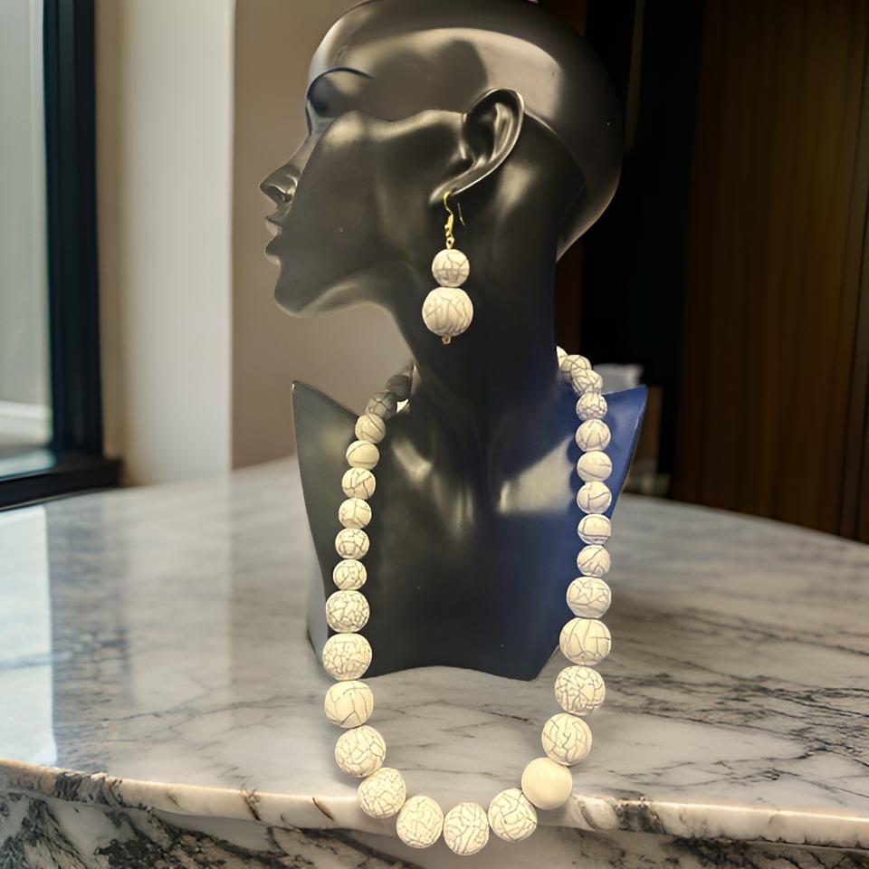 Beaded Round Marble Necklace, Bracelet and Earring Set