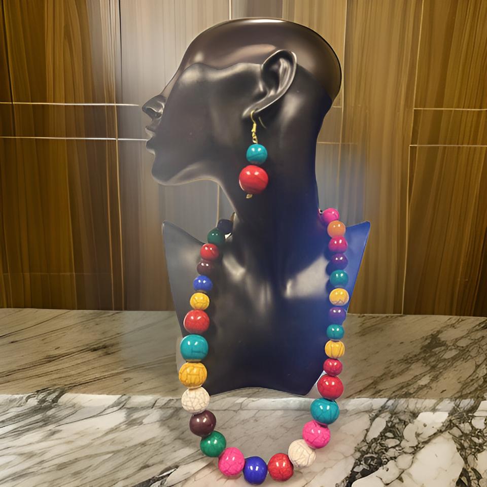 Beaded Round Marble Necklace, Bracelet and Earring Set