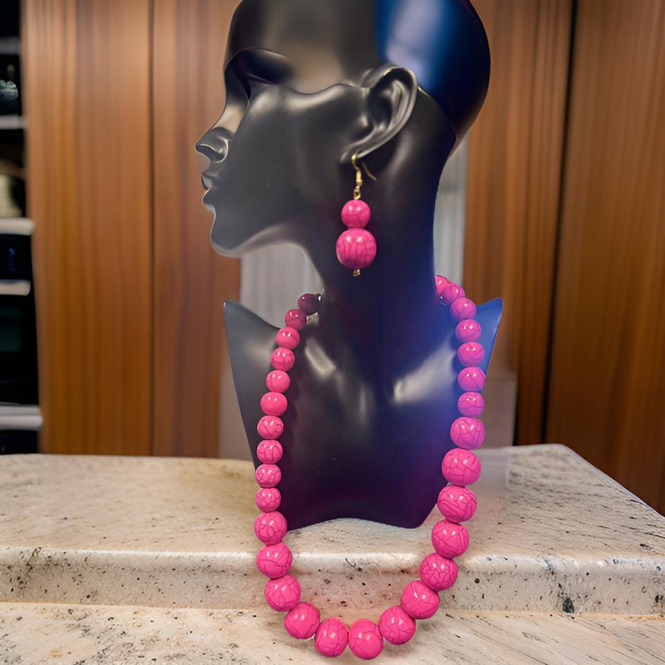 Beaded Round Marble Necklace, Bracelet and Earring Set