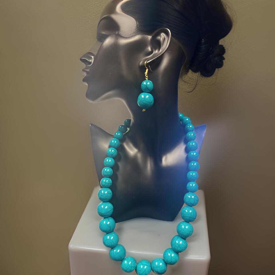 Beaded Round Marble Necklace, Bracelet and Earring Set