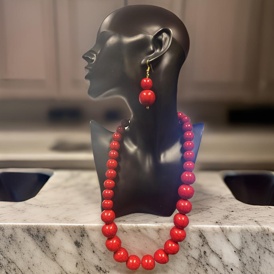 Beaded Round Marble Necklace, Bracelet and Earring Set