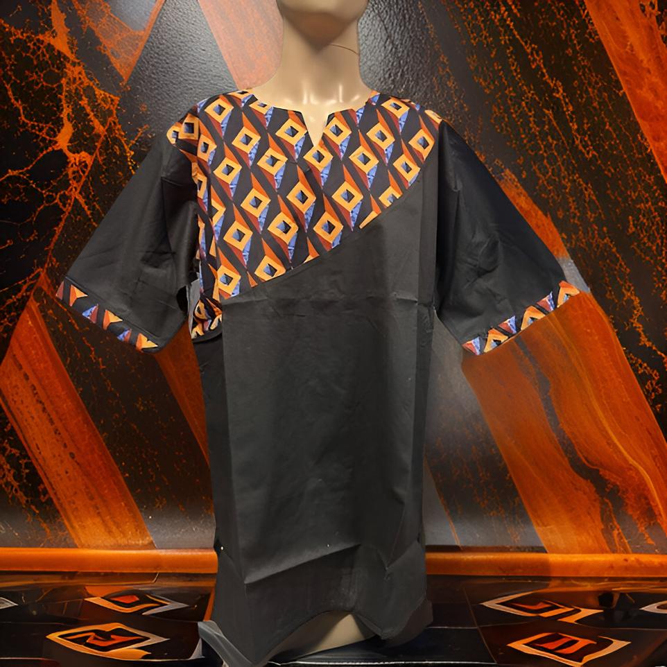 Black Geometric Print Short Sleeves Dashiki Shirt
