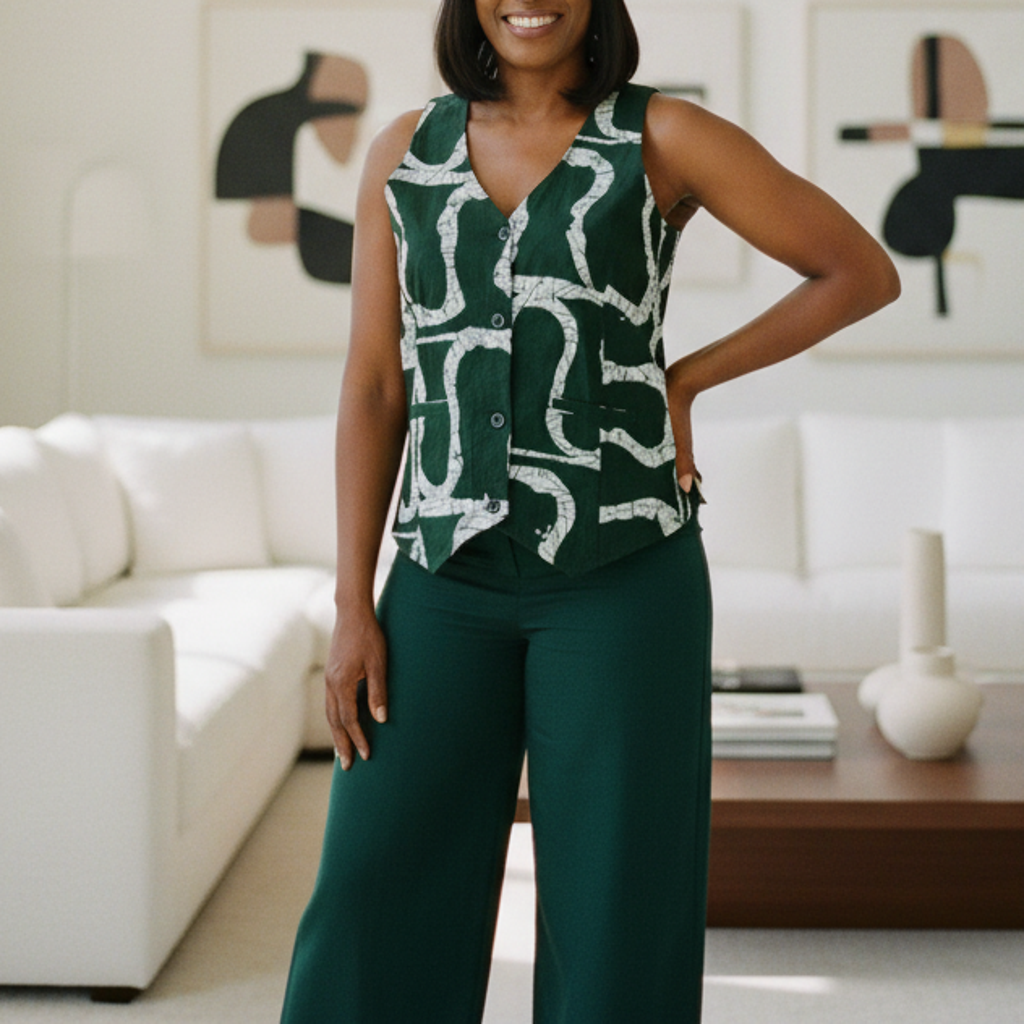 African Print Vest – Green & White