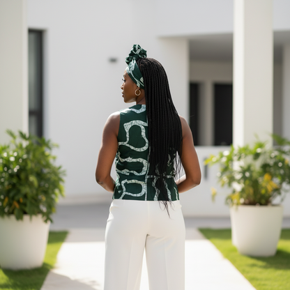 African Print Vest – Green & White