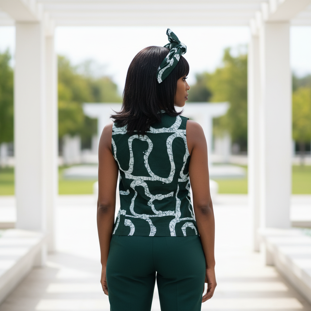 African Print Vest – Green & White