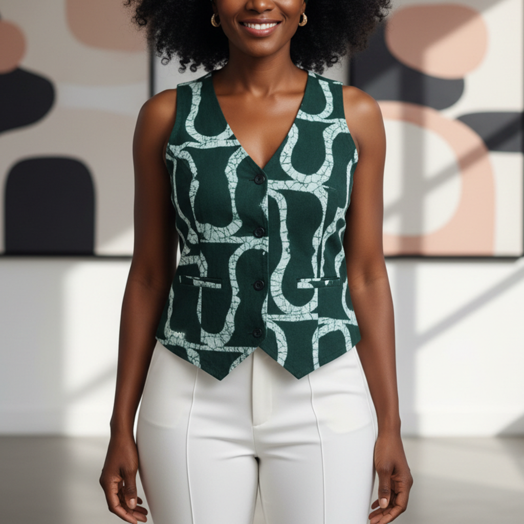 African Print Vest – Green & White