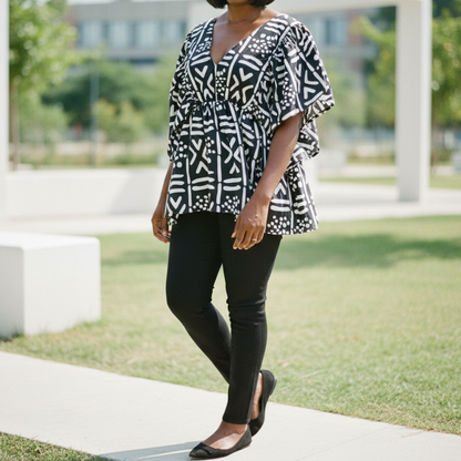 African Print Ruffle Sleeve Blouse – Black & White Mudcloth Style