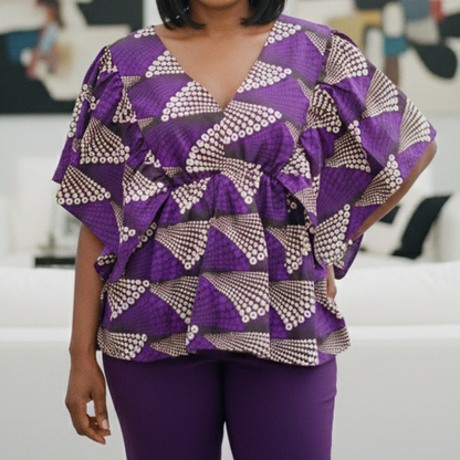 African Print Layered Ruffle Blouse – Purple & Cream