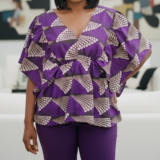 African Print Layered Ruffle Blouse – Purple & Cream