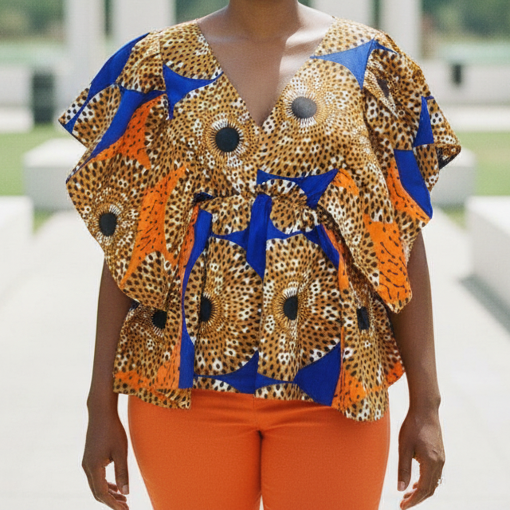 African Print Butterfly Sleeve Blouse – Orange/Blue Pattern
