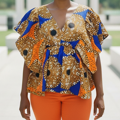 African Print Butterfly Sleeve Blouse – Orange/Blue Pattern