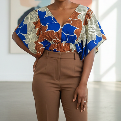 African Print Flutter Sleeve Blouse – Blue & Brown Leaf Pattern