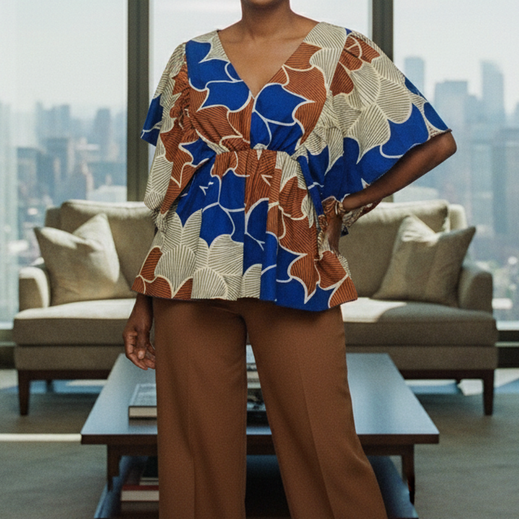 African Print Flutter Sleeve Blouse – Blue & Brown Leaf Pattern