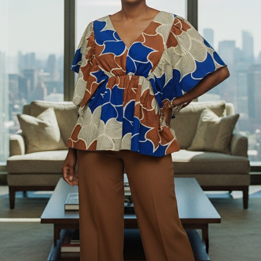 African Print Flutter Sleeve Blouse – Blue & Brown Leaf Pattern