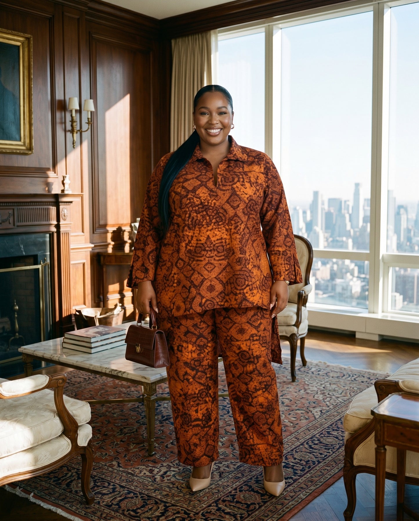 Rust Ankara Print Two-Piece Pants Set