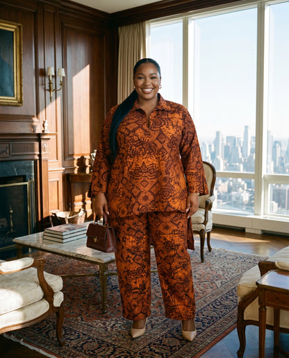 Rust Ankara Print Two-Piece Pants Set
