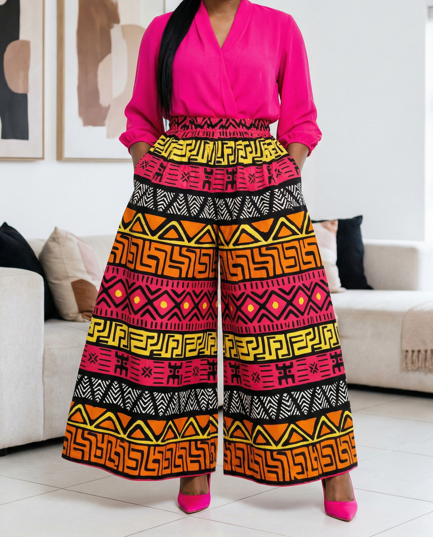 African Big Button Pink Multi-Print Ankara Dress