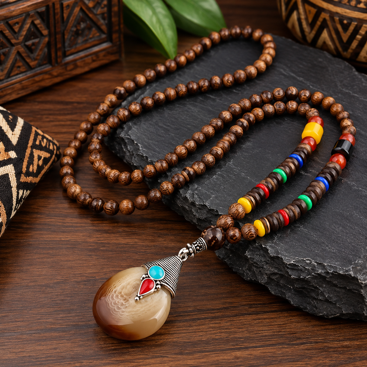 Men’s Vintage Tribal Wood Bead Pendant Necklace