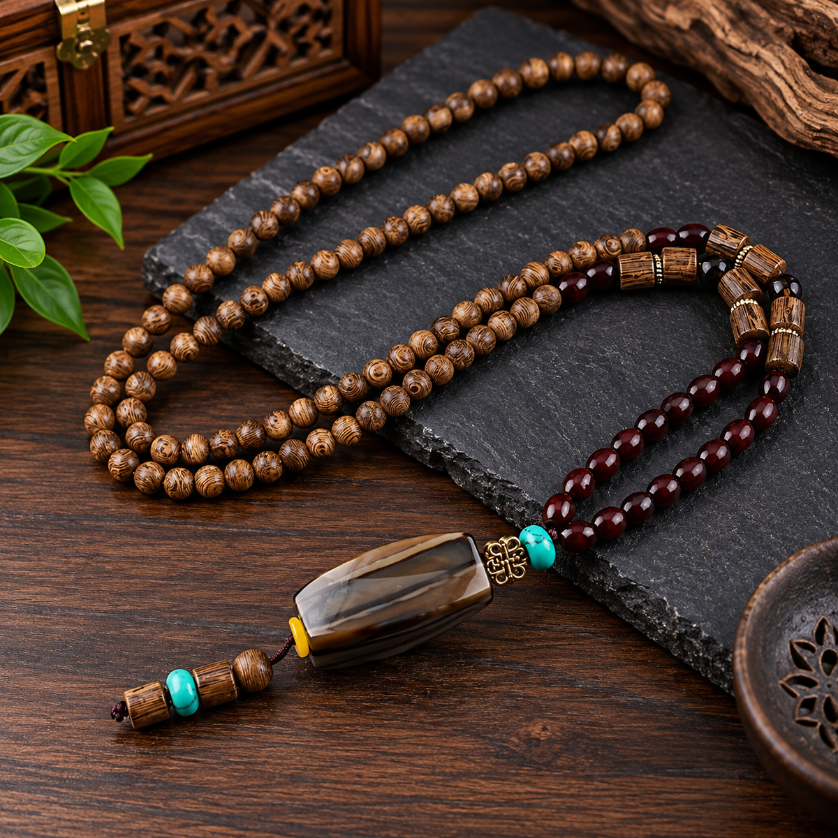Men’s Vintage Tribal Wood Bead Pendant Necklace
