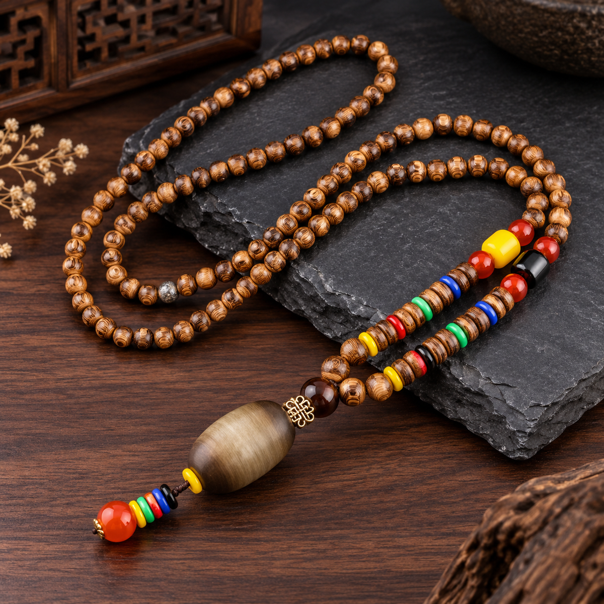 Men’s Vintage Tribal Wood Bead Pendant Necklace