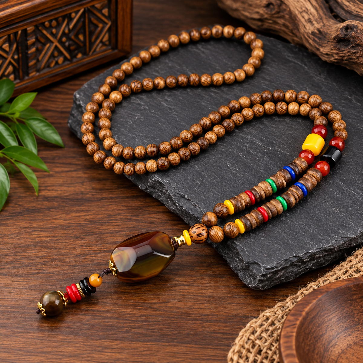 Men’s Vintage Tribal Wood Bead Pendant Necklace