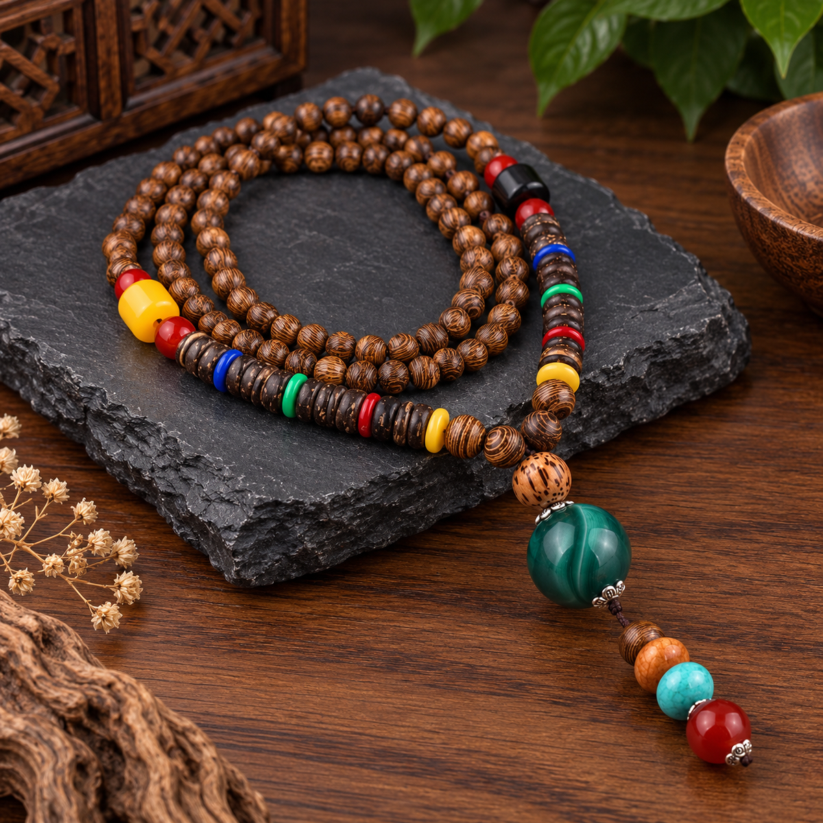 Men’s Vintage Tribal Wood Bead Pendant Necklace