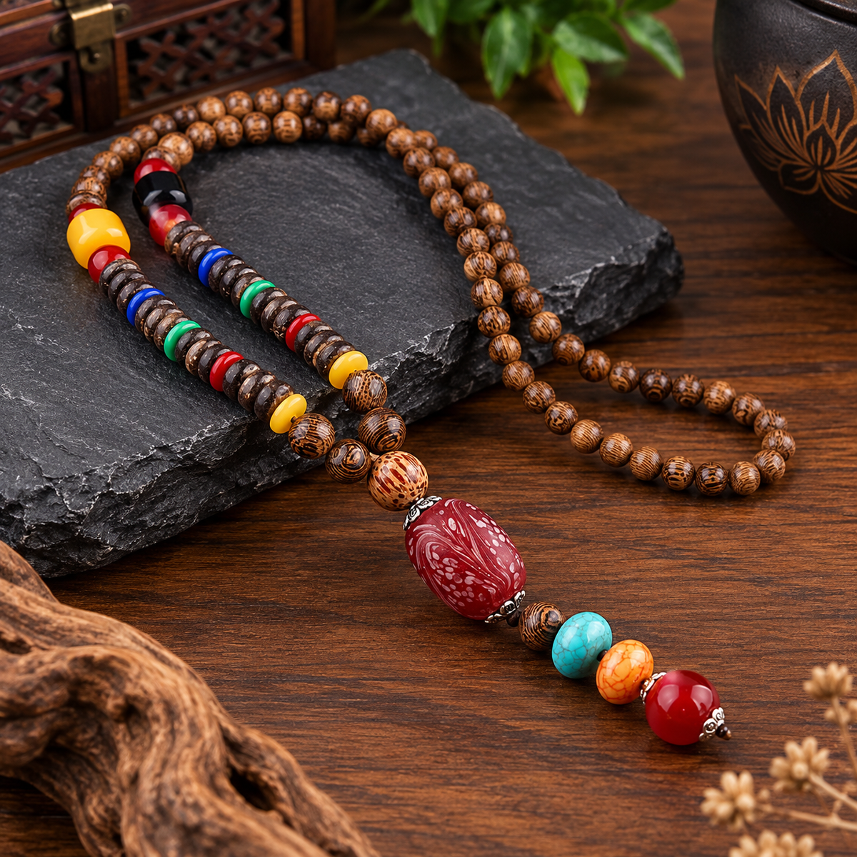 Men’s Vintage Tribal Wood Bead Pendant Necklace