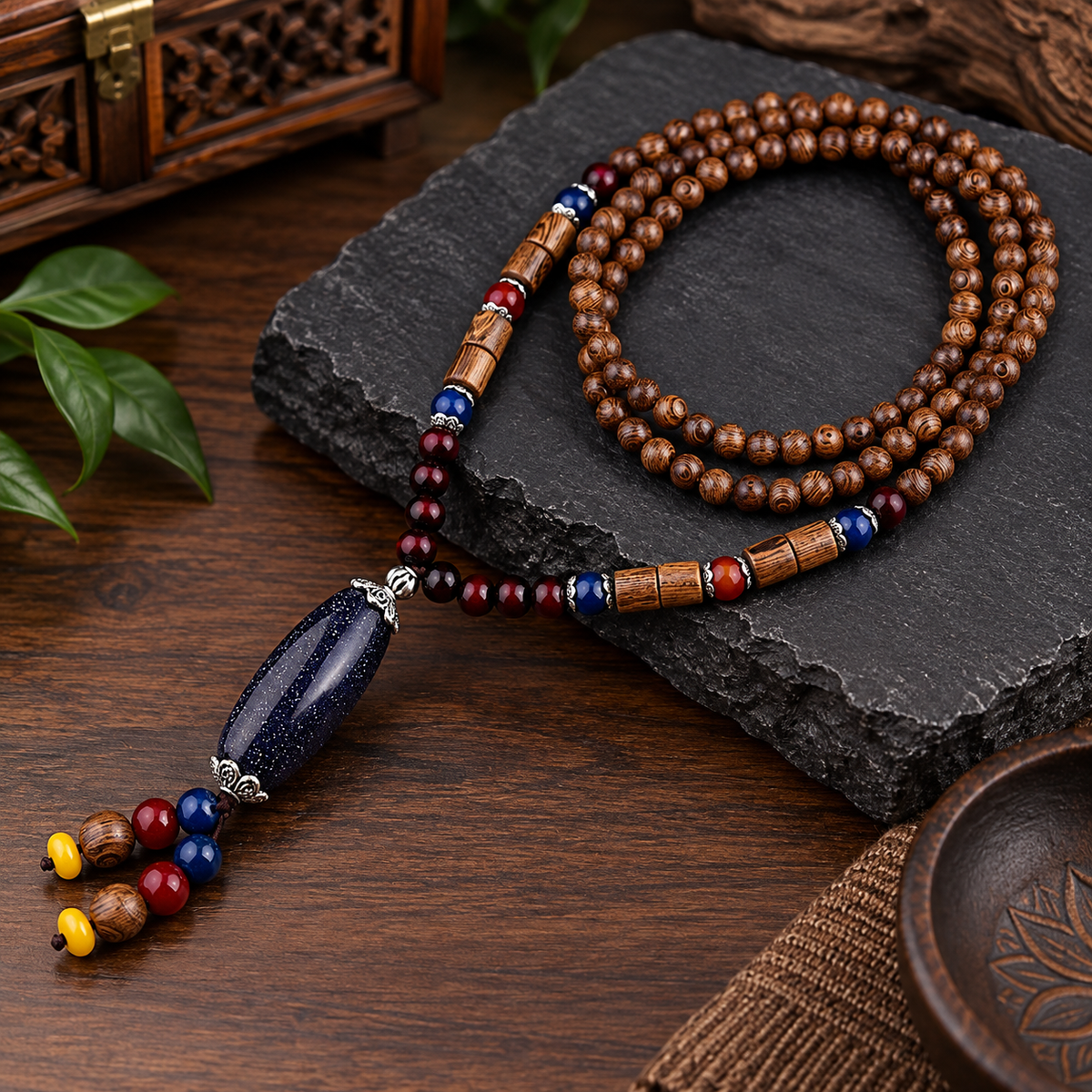 Men’s Vintage Tribal Wood Bead Pendant Necklace