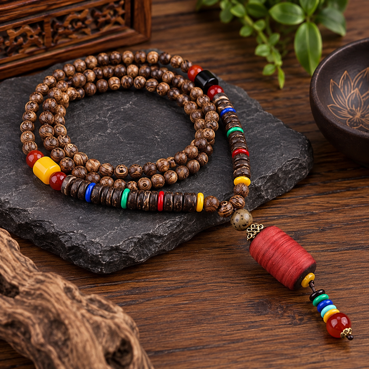 Men’s Vintage Tribal Wood Bead Pendant Necklace