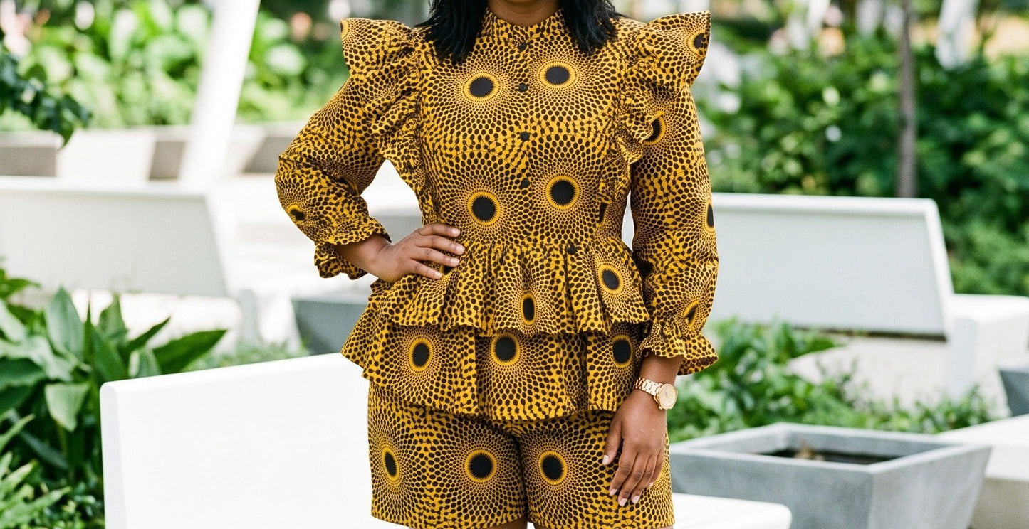 African Inspired Mustard Yellow & Black Print Top