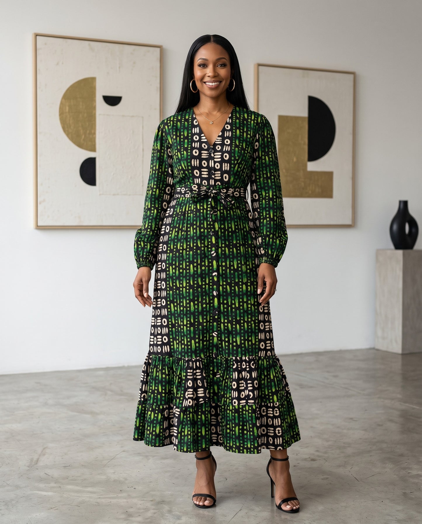 Women's African Print Maxi Dress – Green, Black & White