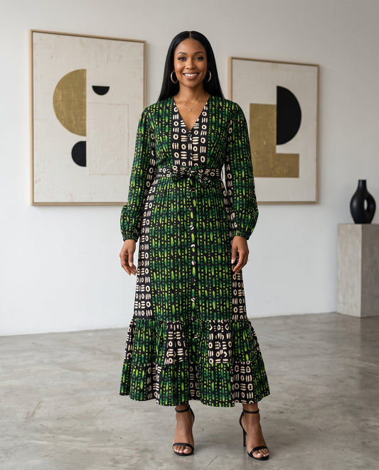 Women's African Print Maxi Dress – Green, Black & White