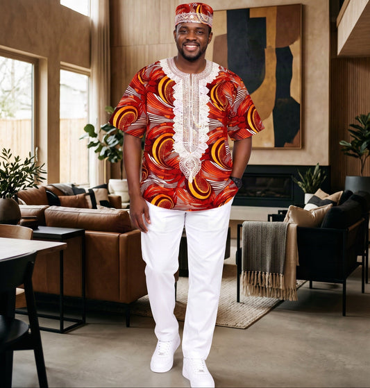 Men's African Print Dashiki Shirt – Red, Orange & Gold
