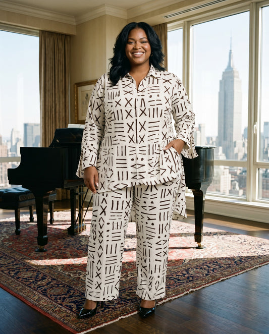 White Mud Cloth Inspired African Print Two-Piece Pants Set