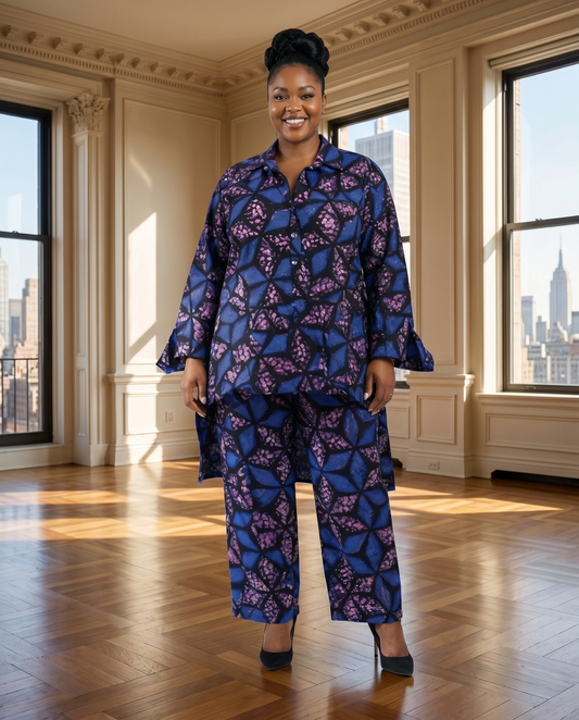 Blue & Purple Ankara Print Two-Piece Pants Set