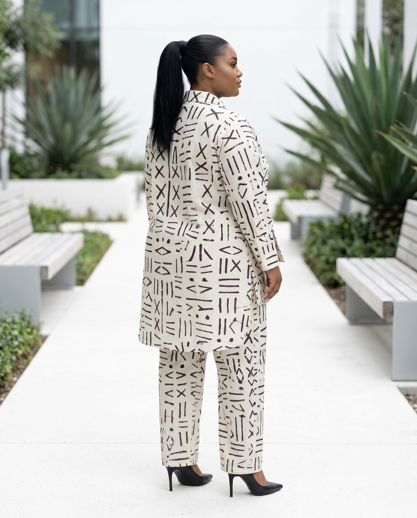 White Mud Cloth Inspired African Print Two-Piece Pants Set