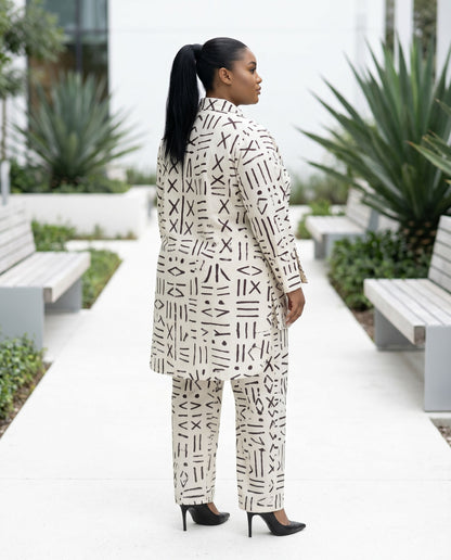 White Mud Cloth Inspired African Print Two-Piece Pants Set
