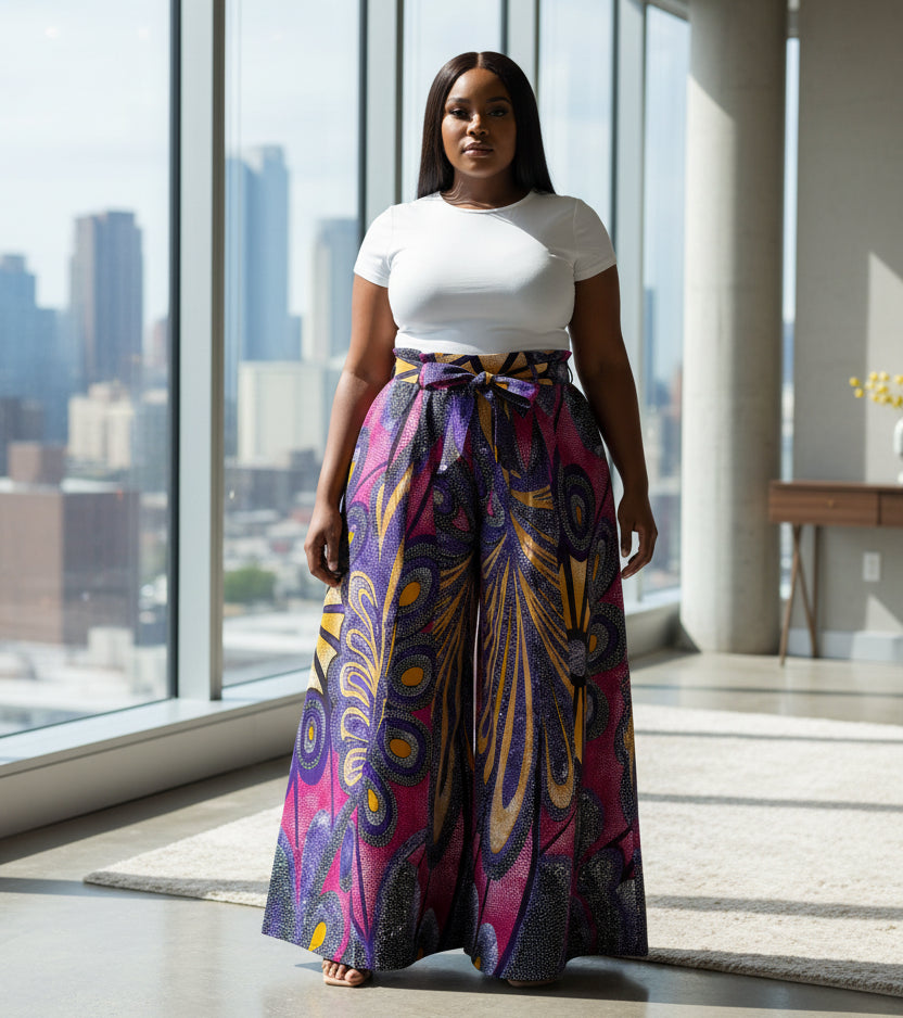Colorful patterned skirt worn by a person on a white background