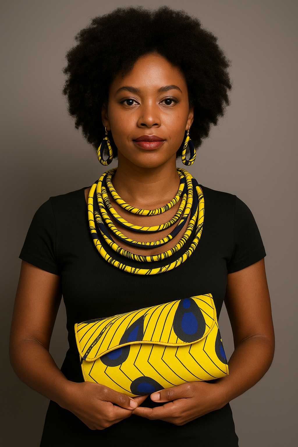 Woman wearing a black top with a yellow and blue pattern, holding a matching clutch against a gray background
