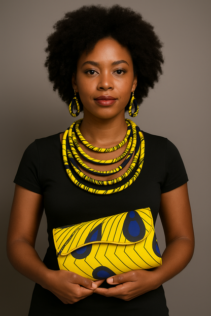 Woman wearing a black top with a yellow and blue pattern, holding a matching clutch against a gray background