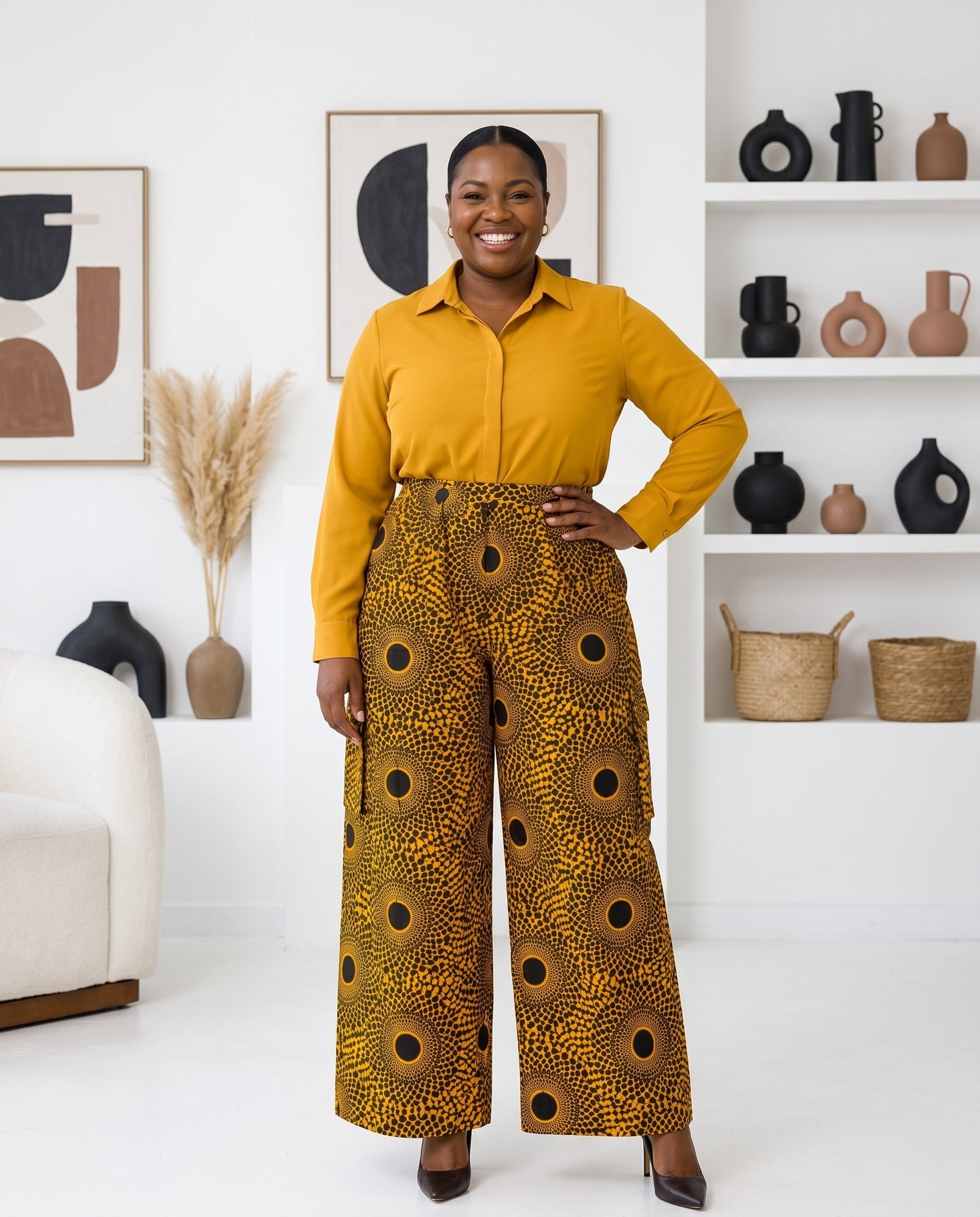 Woman wearing a yellow shirt and patterned pants standing in a room with decorative items on shelves.