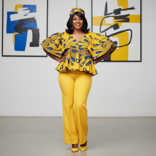 Woman in yellow and blue patterned outfit standing in front of abstract art