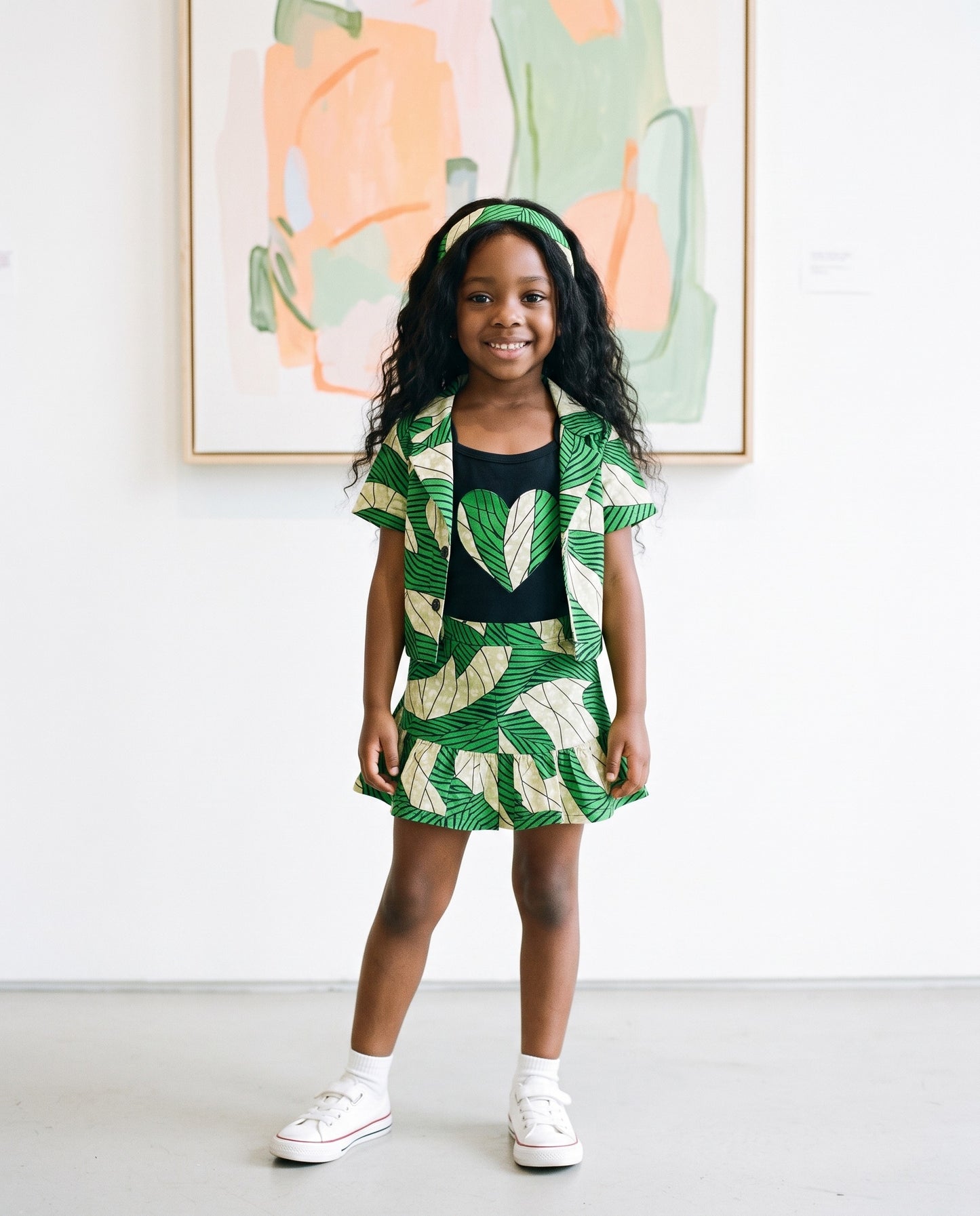 Girls 4-pcs Ankara Green Leaf African Print Skirt Set