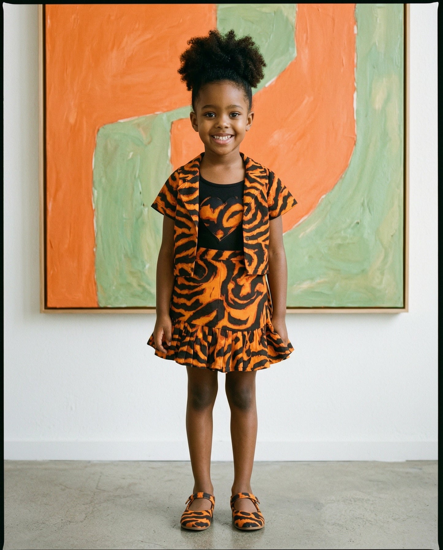 Girls 4-pcs Ankara Orange Tiger African Print Skirt Set